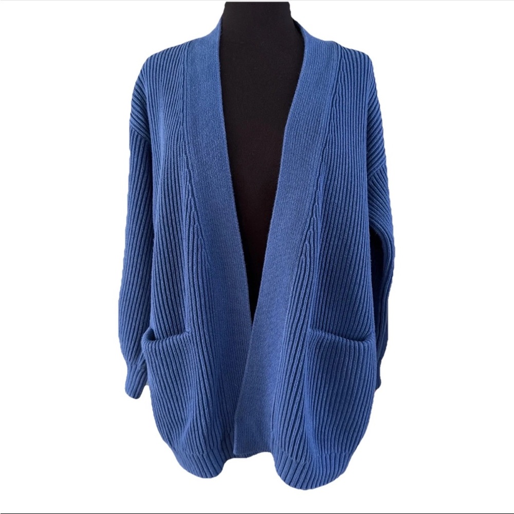 Quince Blue Ribbed Open-Front Cardigan